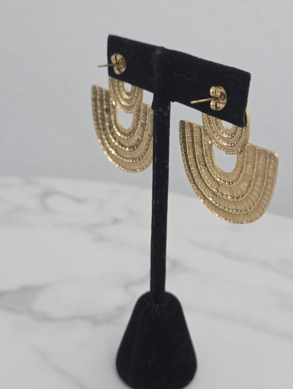 Stainless Steel Gold Textured Geometric Fan Drop Earrings - Picture 8 of 11